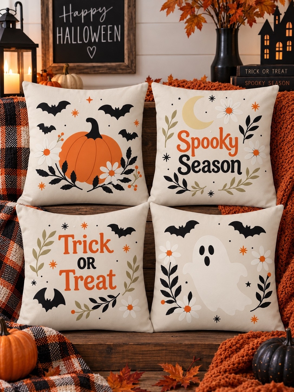 Halloween Pillow Covers Set of 4 Ghost Pumpkin Spooky Season Fall Decor 18x18